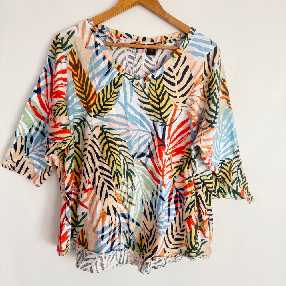 Tahari Women Cotton T-Shirt Plus Tropical Leaves Short Sleeve Colorful Size 3X